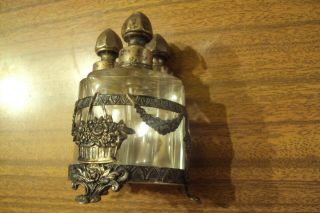 Portugal Rare Antique Set Of 3 Scent Bottles With Solid Silver Claps & Holder