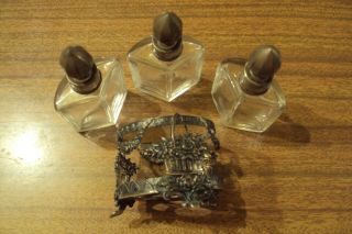 PORTUGAL RARE ANTIQUE SET OF 3 SCENT BOTTLES WITH SOLID SILVER CLAPS & HOLDER 2