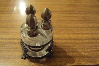 PORTUGAL RARE ANTIQUE SET OF 3 SCENT BOTTLES WITH SOLID SILVER CLAPS & HOLDER 4