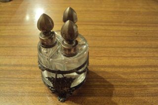PORTUGAL RARE ANTIQUE SET OF 3 SCENT BOTTLES WITH SOLID SILVER CLAPS & HOLDER 6