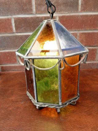 Vintage Coloured Leaded Glass Lantern Porch Light With Ceiling Rose