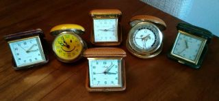 Get 6 Antique/vintage Folding Travel Alarm Clocks - Swiss - 7 Jewels - Leather & More