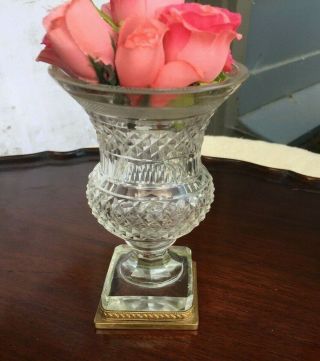Antique French Small Cut Crystal Glass Vase With Bronze Mount