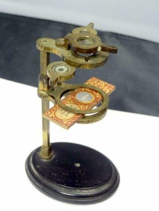Antique Small Lacquered Brass Field Microscope W/ 3 Viewing Lenses On Wood Base
