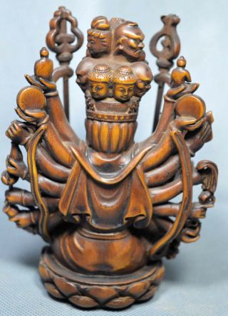 Asian Boxwood Hand Carve Avalokitesvara Temple Pray Collectable Old Tibet Statue 3