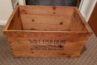 Vintage Old Wooden Crate Wave Fish Co Inc.  42 Pier Boston Mass Large Wood Box