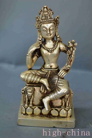 Collectable Tibet Old Exorcism Miao Silver Carve Buddha Hold Lotus Pray Statue