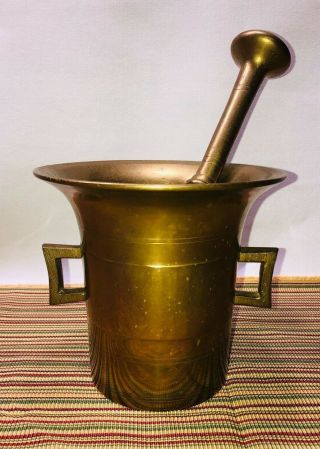 Vtg Solid Brass 5.  5 " Tall Mortar And Pestle 9.  5 " Heavy,  Apothecary,  Herbs 7 Lbs