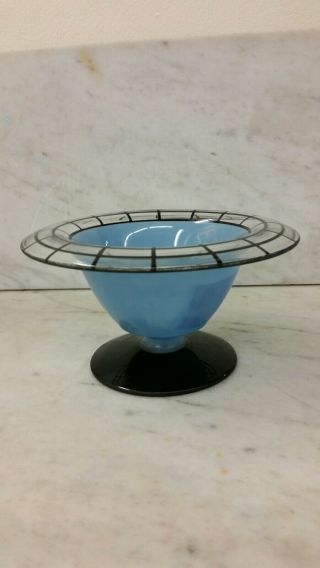 Art Deco Blue Glass Bowl Black Trim