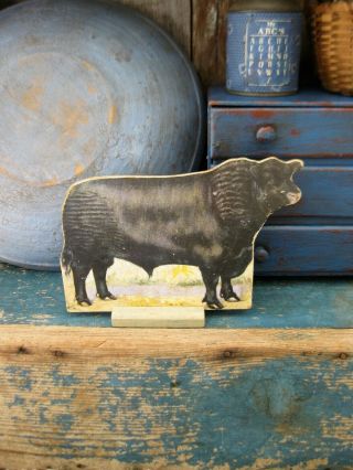 Antique Cardboard Farm Animal Cutout Wood Stand Aberdeen Angus Bull Freeshipping