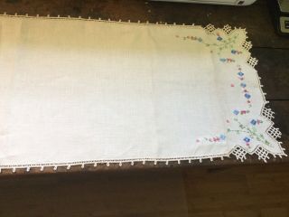 Antique vtg linen with lace table runner dresser scarf with embroidered flowers 2
