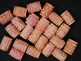 Set Of 20 Vintage Chinese Pale Dyed Coral Carved Tube Shou Beads,  16mm