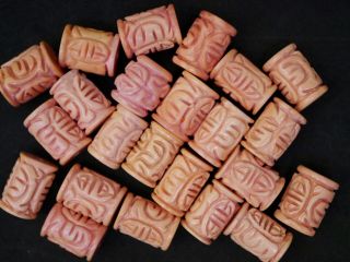 SET OF 20 VINTAGE CHINESE PALE DYED CORAL CARVED TUBE SHOU BEADS,  16MM 2
