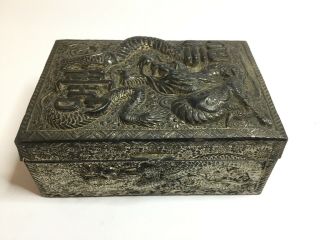 Antique Japanese Repousse Relief Pewter Metal Trinket Jewellery Box Dragons 1920