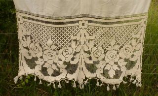 Antique French Fine Linen Curtain With Hand Worked Filet Lace Base