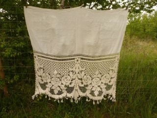 ANTIQUE FRENCH FINE LINEN CURTAIN WITH HAND WORKED FILET LACE BASE 2