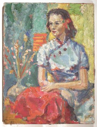 1958 Alice Rostron Oil Painting Young Woman In Red Skirt Media Pennsylvania