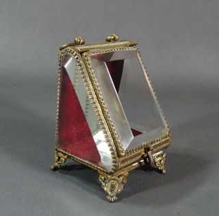 1870 French Repousse Brass Beveled Faceted Crystal Pocket Watch Casket Box Stand