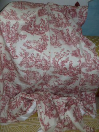 Vintage French Country Style Red Toile De Jouy Lined Curtains Or Fabric