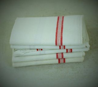 5 French Antique Classic Red Stripe Pure Linen Tea Towels / Torchons