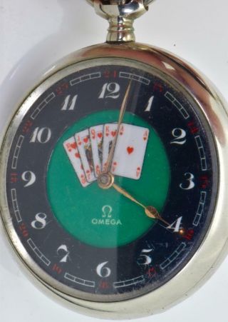 Rare Antique Omega Pocket Watch With A Fancy Automaton Poker Playing Cards Dial