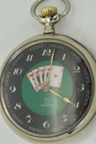 RARE antique Omega pocket watch with a fancy AUTOMATON Poker playing cards dial 2