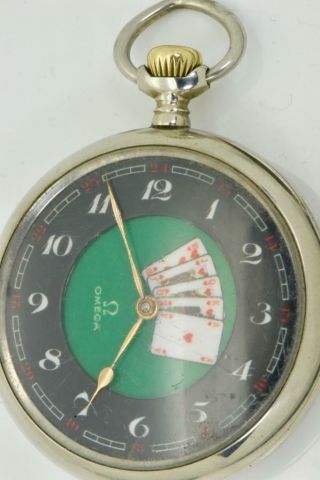 RARE antique Omega pocket watch with a fancy AUTOMATON Poker playing cards dial 3