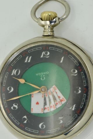RARE antique Omega pocket watch with a fancy AUTOMATON Poker playing cards dial 4