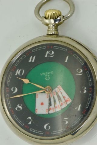 RARE antique Omega pocket watch with a fancy AUTOMATON Poker playing cards dial 5