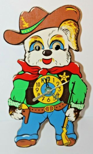 Vintage German Wood Dog Dressed As A Cowboy Moving Eye Battery Operated Clock