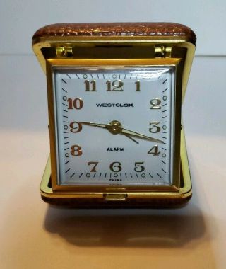 Vintage Westclox Travel Alarm Clock Leather.  Reptile Folding Case