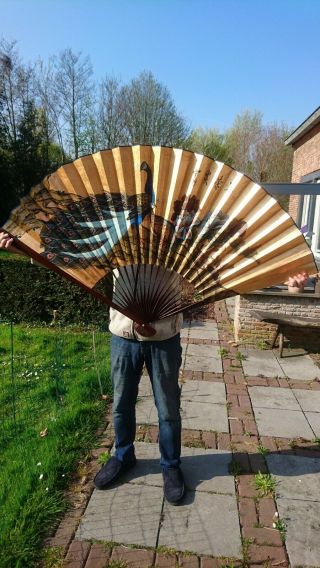 A Large Old Chinese Fan Hand - Painted 90cm Tall