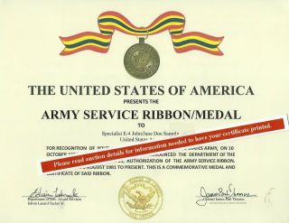 U.  S.  Army Service Medal Replacement Certificate