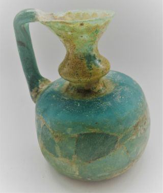 Large Ancient Roman Aqua Blue Glass Vessel With Handle Circa 200 - 300ad 17cm