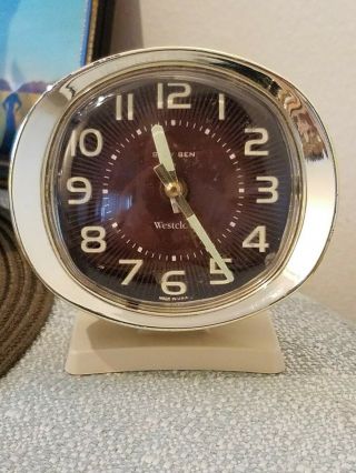 Vintage Baby Ben Alarm Clock Gold Tone Bezel Luminous Dial White Style 9