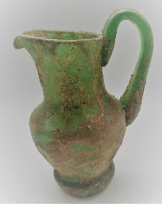 Ancient Roman Green Glass Jug With Handle Museum Quality
