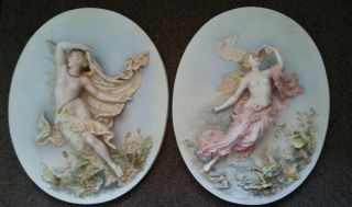 2 Antique Victorian Bisque Porcelain 3d Wall Plaques Nude Ladies