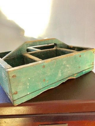 Antique WOOD FOLK ART TOTE CARRIER old GREE PAINT primitive Worn hand Made EARLY 2