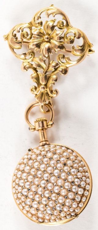 Antique 18k Solid Gold Pearl & Diamond Ladies Pendant Watch W Brooch C 1900