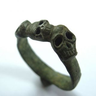 Roman Ancient Artifact Bronze Gladiator Ring With Three Skulls