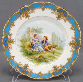 19th Century Sevres Style Renaissance Courting Couple & Sheep Blue & Gold Plate