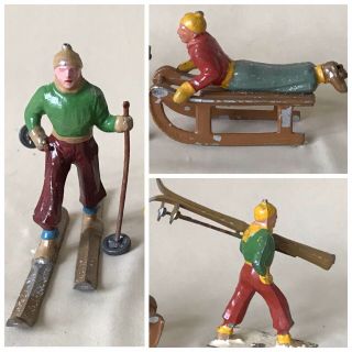 Vintage Lead Figures - Set Of 3 Ski And Sled Winter Themed,  Made In France