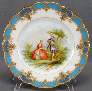 19th Century Sevres Style Georgian Colonial Courting Couple Blue & Gold Plate