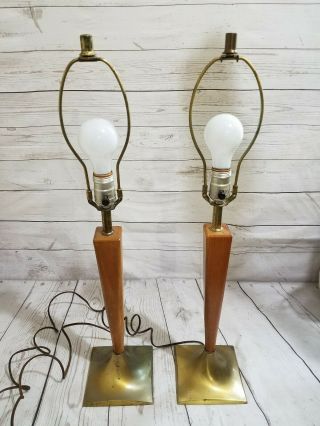 Vintage 60s Mid Century Modern Mcm Brass Wood Tall Table Lamp Pair Light Brown