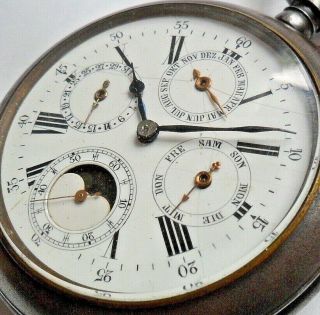 Large Antique Calendar Triple Date Moonphase Swiss Open Face Pocket Watch Runs X