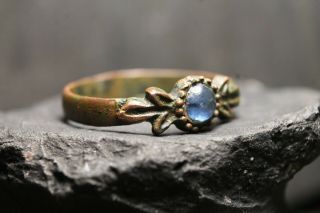 Rare Ancient Viking Bronze Blue Stone Ring,  Antique Authentic,  6 - 11 Century AD. 3