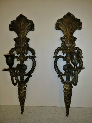 2 Elegant French Vintage Bronze Or Brass ? Metal Candle Holders Wall Sconces 17 "
