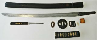 Antique Japanese Wakizashi Sword Blade Great Hamon Signed Tsuba Edo 1700