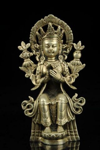 Old Chinese Hand Carved Kuan - Yin Buddha Copper Plating Silver Buddha Statue D02