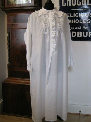 Antique Vintage Cotton & Broderie Anglaise Lace Nightgown With Front Opening
